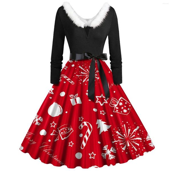 Vestidos casuales Vintage Fiesta de Navidad Mujeres Disfraces de Navidad 2023 Cuello de piel de invierno Manga larga Vestido de noche elegante S-2XL Vestido