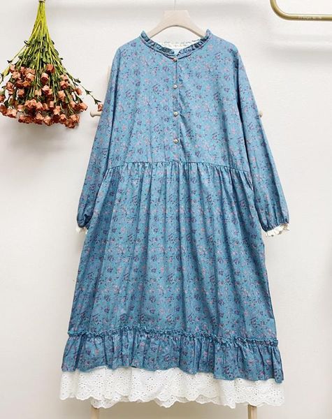 Robes Décontractées Vintage Classique Mori Girl Coton Oeillet Dentelle Lâche À Manches Longues Robe Midi Automne Élégant Boho Chic Cottage Gypsy Vêtements