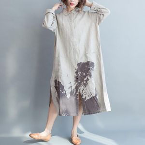 Casual jurken Vintage katoenen linnen 2023 Leer herfst herfst lange mouw jurk met één borsten afdrukken split los plus size fp0622