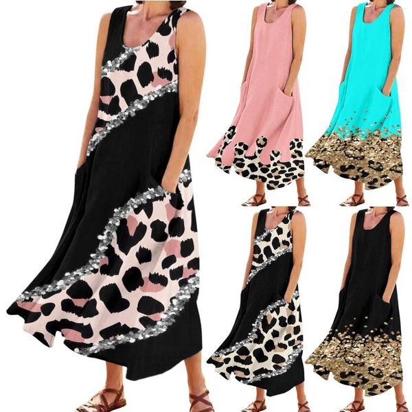 Robes décontractées en lin coton vintage robe maxi lâche pour femmes de vacances de vacances sans manches sans manches boho tank léopard