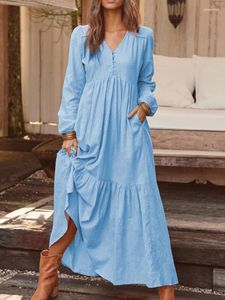 Vestidos informales Vintage Cotton Linen Pocket Swing Long Long MAXI Vestido Spring Outumn Women Vestidos Jyfs-Jy1988