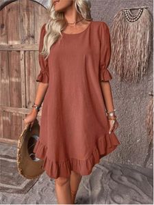 Casual jurken Vintage katoenen linnen Solid Losse Big Hem Midi Dress Women Halve Sleeve O-Neck Ruffles 2024 Zomer Elegant Vestidos