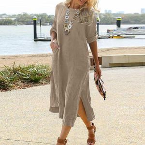 Casual jurken Vintage katoenen linnen vrouwen Slit jurk 2022Summer Harajuku Pocket Lange Mouw Party Loose Solid Maxi Vestidocasual