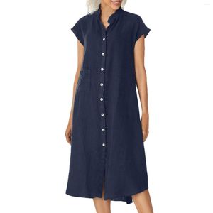 Vestidos casuales Vestido de mujer de lino de algodón vintage Camisa de botones de temperamento sólido Túnica suelta de manga corta de verano larga