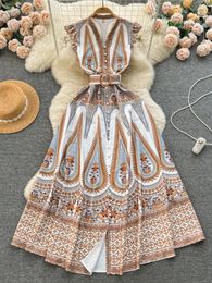 Casual jurken Vintage Hofstijl Gedrukt Dames Lente V-hals Mouwloos Enkele rij knopen Lange vakantiefeestvestidos Gewaden