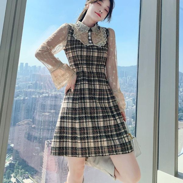 Vestidos casuales Vestido vintage A-line Mujer Otoño e invierno Encaje Patchwork Elegante estilo coreano Cintura alta Plaid Mini Girl