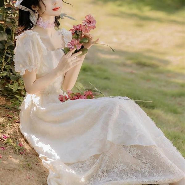 Casual Kleider Vintage Kleid Frauen Elegante Puff Sleeve Chiffon Fee Sommer Stickerei Floral Französisch Stil 2022255n