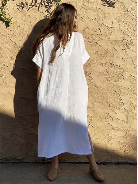 Vestidos casuales Vintage elegante vestido blanco para mujer verano playa cubrir Ups sólido Kaftans cuello en V manga corta bohemio Maxi de gran tamaño