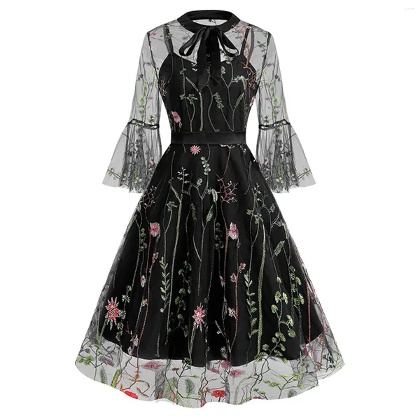 Vestidos casuales Elegancia vintage Mujer larga para Halloween Moda Manga media Flor gótica oscura Costura bordada Vestido de dos piezas