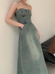 Casual Jurken Vintage Elegant Party Midi Jurk Vrouwen Koreaanse Stijl Denim Strapless A-lijn Temperament Sexy Streetwear Designer 2023