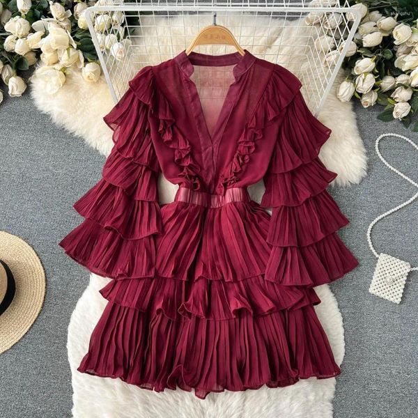 Vestidos casuales Vintage elegante volante plisado vestido con gradas Chic A-Line Moda Primavera Otoño Flare Manga larga Vestidos Mujeres Mini