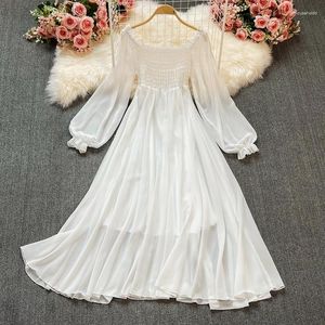 Casual jurken vintage elegante vierkante kraag lantaarn mouw jurk a-line mode chiffon lente zomer vestidos vrouwen zoete riem