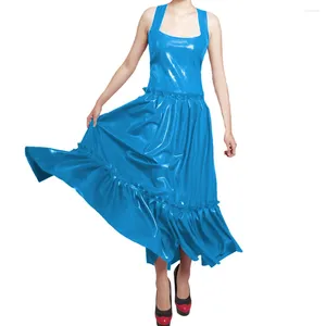 Robes décontractées vintage Elegant Wetlook PVC Le cuir sans manches A-Line Long Robe avec volants Robe de fête brillante Femme Femmes Maxi Soirée