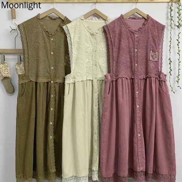 Robes décontractées Vintage broderie dentelle douce épissé velours côtelé femmes automne japonais Mori fille sans manches robe à simple boutonnage