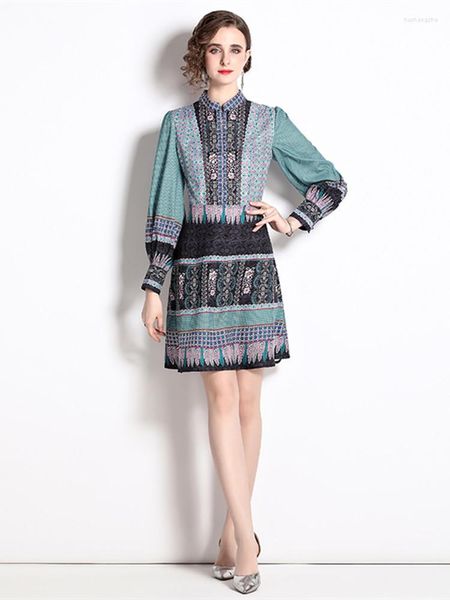 Robes décontractées Vintage ethnique fleur imprimé col montant à manches longues simple boutonnage taille haute robe trapèze femmes vêtements Mini Vestidos