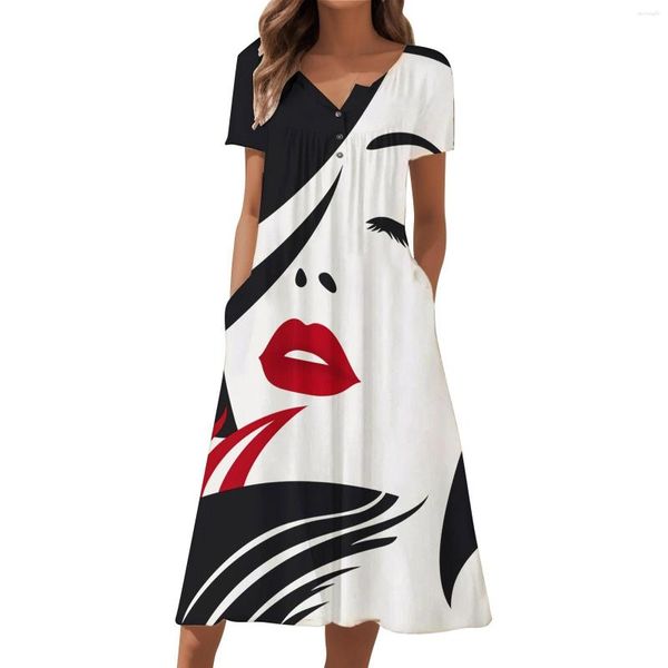 Robes décontractées Vintage Face Print Maxi Dress Pour Femmes D'été Lâche À Manches Courtes Midi Élégant Lady Boho Party Une Ligne Avec Des Poches