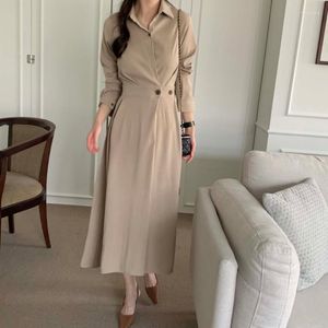 Casual Jurken Vintage Mode Chic Turn-down Kraag A-lijn Maxi Jurk Voor Vrouwen Lange Mouw Slanke Vrouwelijke Elegante Dames Vestidos Zwart