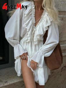 Casual jurken Vintage Flare Lange Mouw Deep V Neck Women's Dress 2024 Spring Patchwork White Mini For Women Elegant Short
