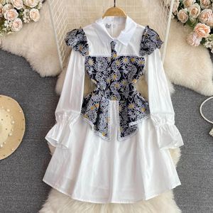 Robes décontractées Vintage Flare Sleeve broderie Patchwork White Women Runway Spring Fashion Fashion Ruffle Vacation A-Line Mini robe