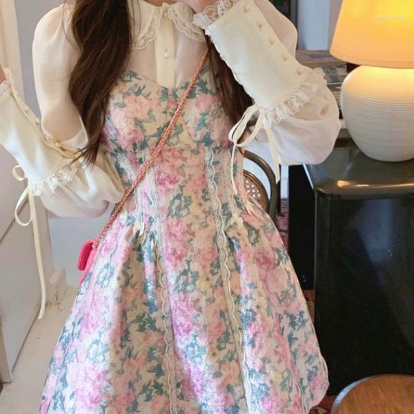 Vestidos casuales Vintage Floral 2 piezas Vestido Set Mujeres Diseño Kawaii Lolita Femenino Y2K Mini Trajes de moda coreana 2023 Otoño