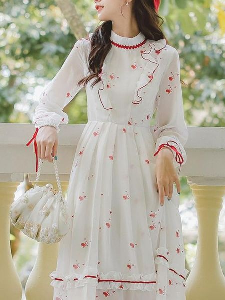 Robes décontractées Vintage Floral élégante robe femmes à volants douce fée Grunge femme blanc coréen Lolita été une pièce ChicCasual