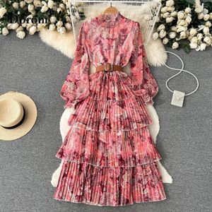 Robes décontractées Vintage imprimé fleuri à manches longues Maxi robe femmes élégant multicouche plissé en mousseline de soie Style coréen plage fête Vestido