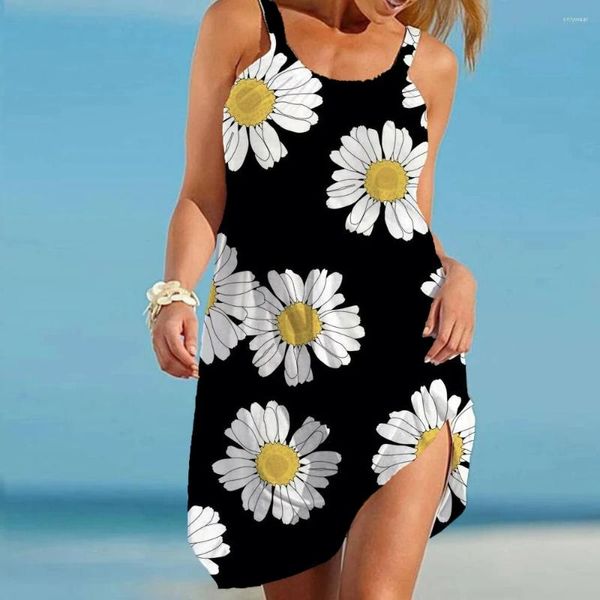 Vestidos casuales Vintage Floral Impresión Correa Sin mangas Vestido de playa Sundress para damas Mujeres Hawaiian Girasol Vestido Feminino