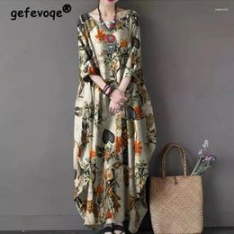 Robes décontractées Vintage Floral Imprimé Style Ethnique Coton Lin Surdimensionné Maxi Robe Femmes Irrégulière Demi Manches Streetwear Robe