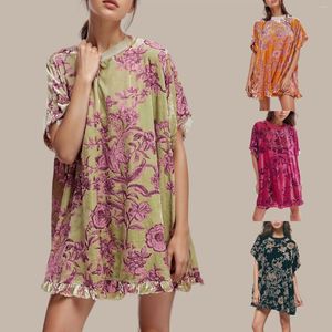 Robes décontractées Vintage Floral imprimé Velvet Robe Ruffle Hem Round Cou Souche courte Summer Flowy for Women Elegant