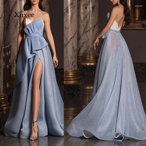 Casual Jurken Vintage Formele Jurk Eenvoudige Avond Blauwe Strapless Jurk Backless Prom Vestidos Elegante Kleding Outfits