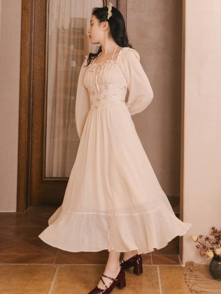 Robes décontractées Vintage français Prairie Chic Cottage robe magnifique princesse royale manches évasées taille mince femmes bandage fée longue robe