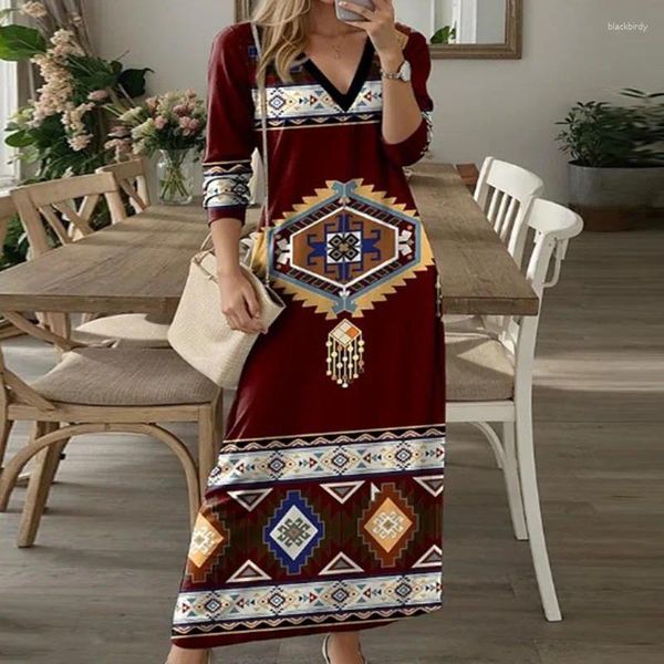 Vestidos casuales Vintage Geométrico Impresión Femme Jersey Vestido Primavera Elegante V-cuello Mujeres Fiesta Otoño Manga larga Recta Boho