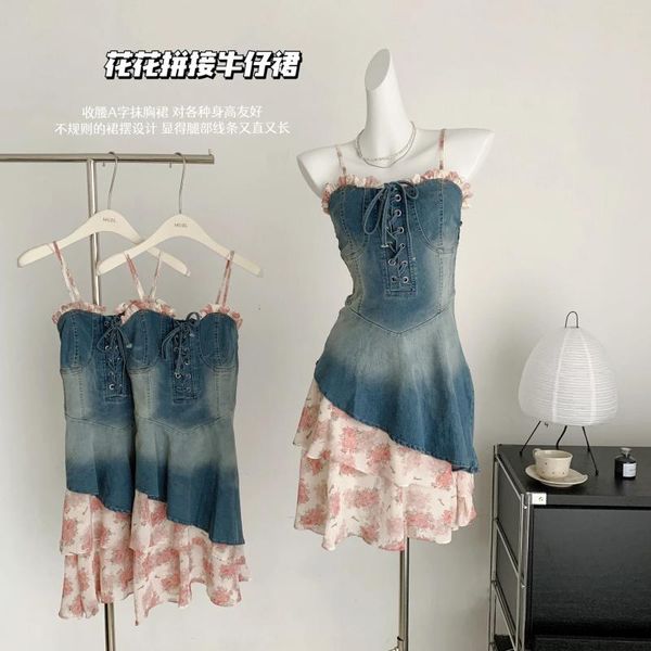 Vestidos casuales Vintage Girls Sexy Vendaje Denim Slip Vestido Mujer Verano Slim Cintura Alta Corto Mini