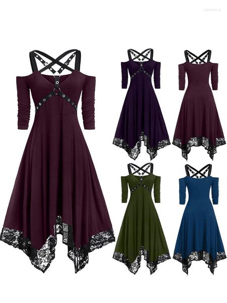 Robes décontractées Vintage gothique Y2K robe noire femmes épaule ouverte demi manches dentelle fête Club Punk élégant Vestidos