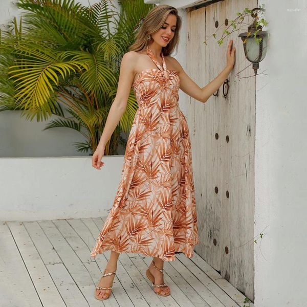 Vestidos casuales Vintage Halter A-Line suelto para las mujeres Sexy sin espalda Long Beach Vestido Holiday Maxi Sundress