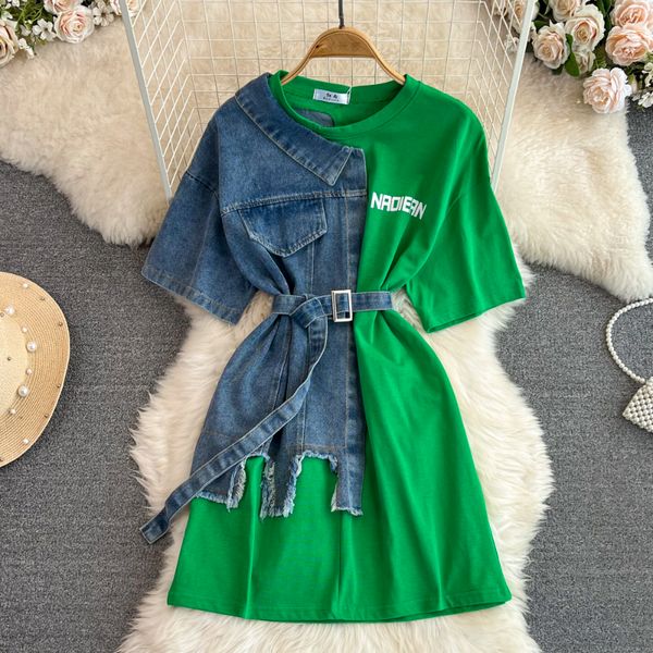 Robes décontractées Vintage Hong Kong Style Ceinture Robes 2023 Été O-Cou Color-Block Denim Robe Chic Casual Moyen A-Line Robes