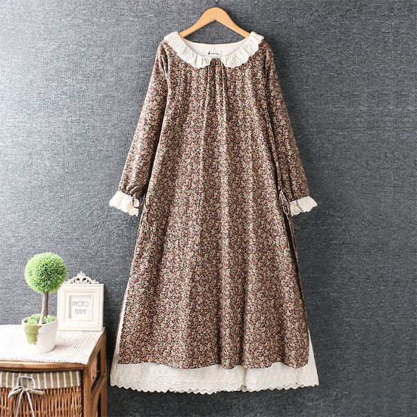 Robes décontractées Vintage style japonais dentelle col claudine manches longues fleurs rustiques imprimer couches de coton robe automne RV760 230321