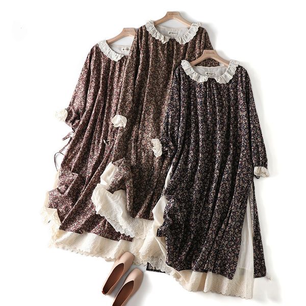 Robes décontractées Vintage style japonais dentelle col claudine manches longues fleurs rustiques imprimer couches de coton robe automne 230223