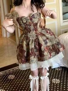 Vestidos casuales Vintage Kawaii Slip Dress Mujer Mori Girl Lolita Cute Bear Print Spaghetti Strap Short 2023 Moda en