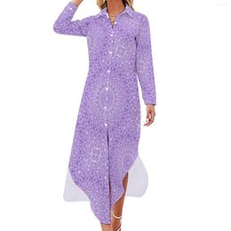 Robes décontractées Vintage lavande imprimé robe en mousseline de soie violet et blanc élégant femme manches longues esthétique col en V surdimensionné