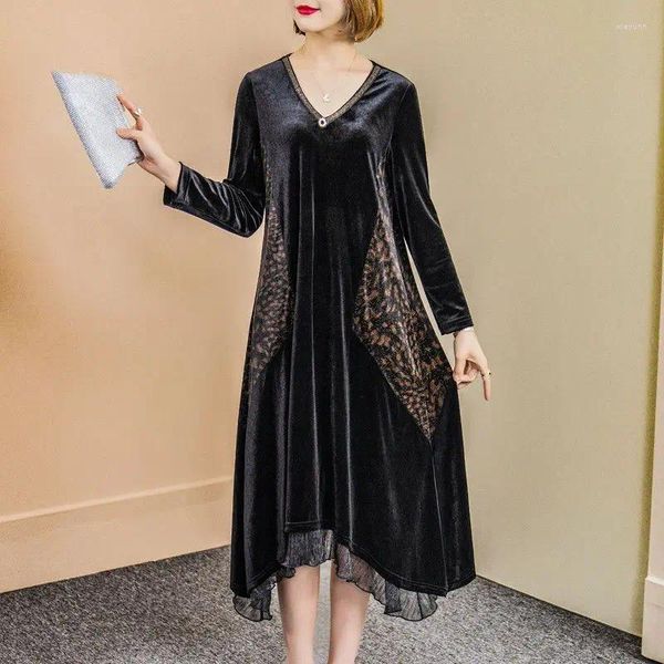 Vestidos casuales Vintage Leopardo Suelto Terciopelo Otoño Invierno Elegante Con Cuello En V Hembra Irregular Dobladillo Moda Diamantes Gasa Empalmado Midi Vestido