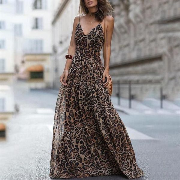 Robes décontractées Vintage imprimé léopard longue robe femme sexy col en v spaghetti sangle longueur au sol maxi femme fête plus taille W844282U