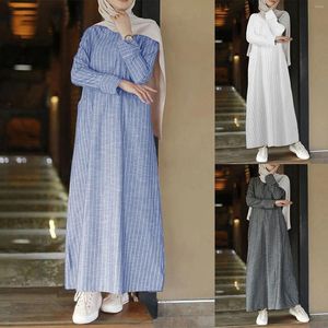 Robes décontractées Vintage manches longues Abayas pour femmes Dubaï 2024 rayé coton lin robe femme robe femme musulmane