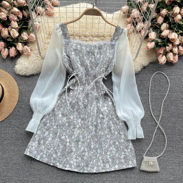 Robes décontractées Vintage à manches longues élégant imprimé fleuri Mini Robe femmes pansement romantique à lacets mince fête dames doux Robe Femme