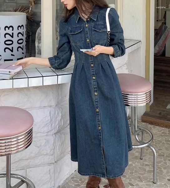 Robes décontractées Vintage manches longues taille mince femmes mi-longueur robe en jean 2024 printemps mode femme simple boutonnage a-ligne denim S904