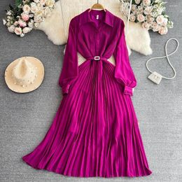 Robes décontractées Vintage Maxi Dres pour femmes col polo manches lanterne ceinturée femme plissée a-ligne dames Vestidos goutte