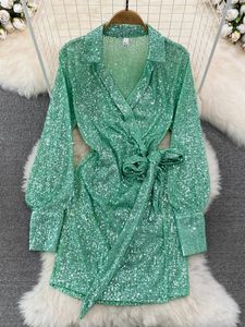 Robes décontractées Vintage Mini robe pour femmes mode à manches longues paillettes fête sexy col en v mince noeud papillon taille haute a-ligne courte nuit