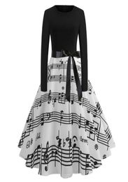 Casual Dresses Vintage Music Note Print Langarm für Frauen Retro Elegante A-Linie Hohe Taille Midikleid mit Schärpen Vestido De Mu2585586
