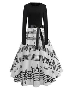 Casual jurken Vintage Music Note Print lange mouw voor vrouwen retro elegant een lijn hoge taille midi -jurk met vleugels Vestido de mu2887829