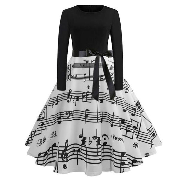 Vestidos informales Vintage con estampado De notas musicales De manga larga para Mujer Retro elegante línea A Midi De cintura alta Vestido con fajas Vestido De Mujer